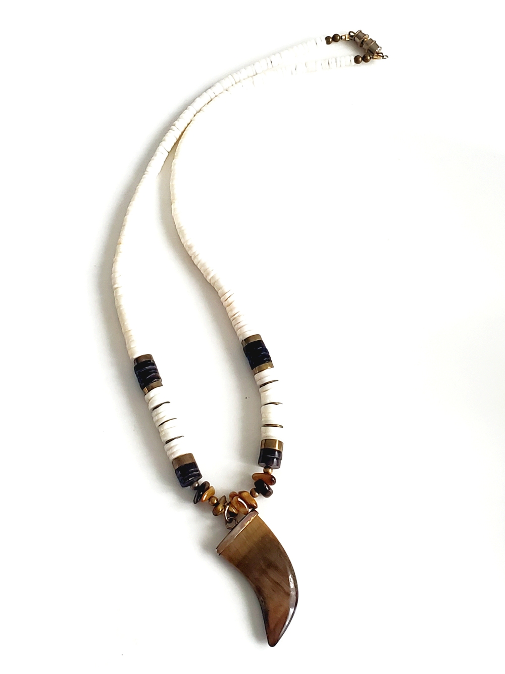 Tiger's Eye Pendant Necklace with White Shell Strand